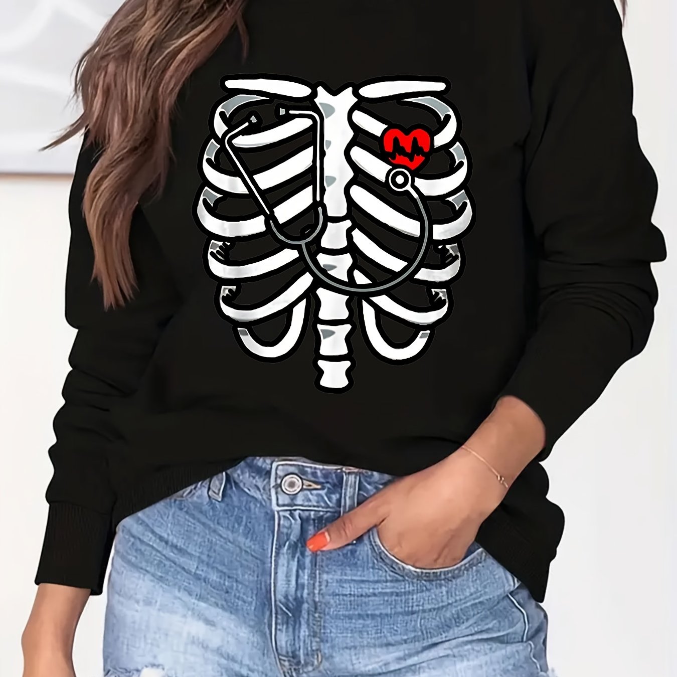 Skeleton Print Sweatshirt Crew Neck Casual Long Sleeve Sweatshirt