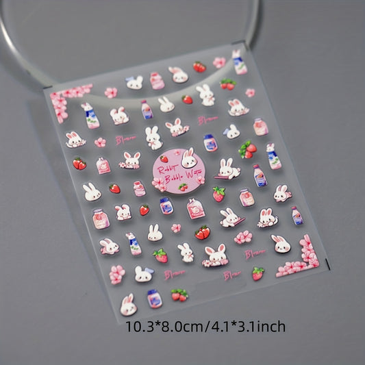 5D Embossed Rabbit Peach Nail Sticker Sakura Rabbit Bubble Water Nail Art