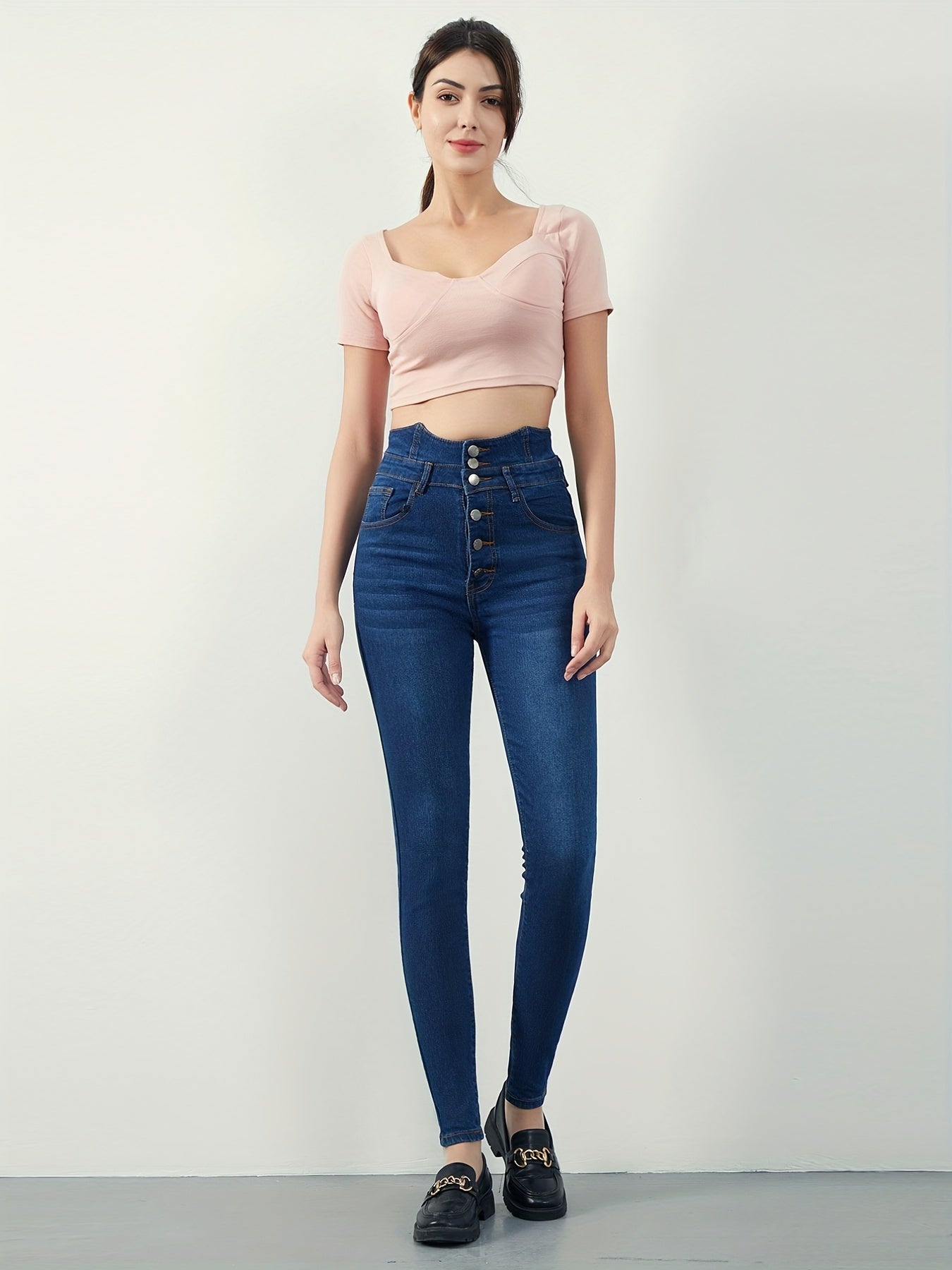 Dark Skinny Jeans High Waist Button Denim Pants