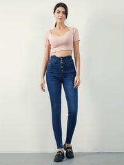 Dark Skinny Jeans High Waist Button Denim Pants