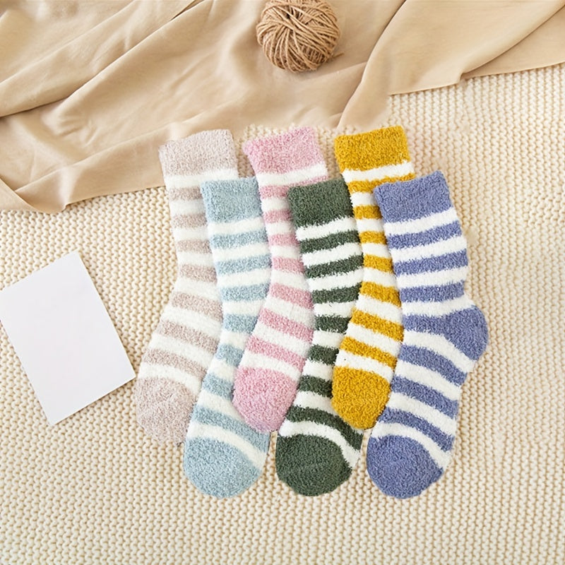 6 Pairs Striped Print Fuzzy Socks Comfy & Warm Mid Tube Socks