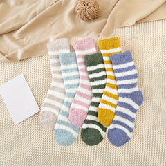 6 Pairs Striped Print Fuzzy Socks Comfy & Warm Mid Tube Socks