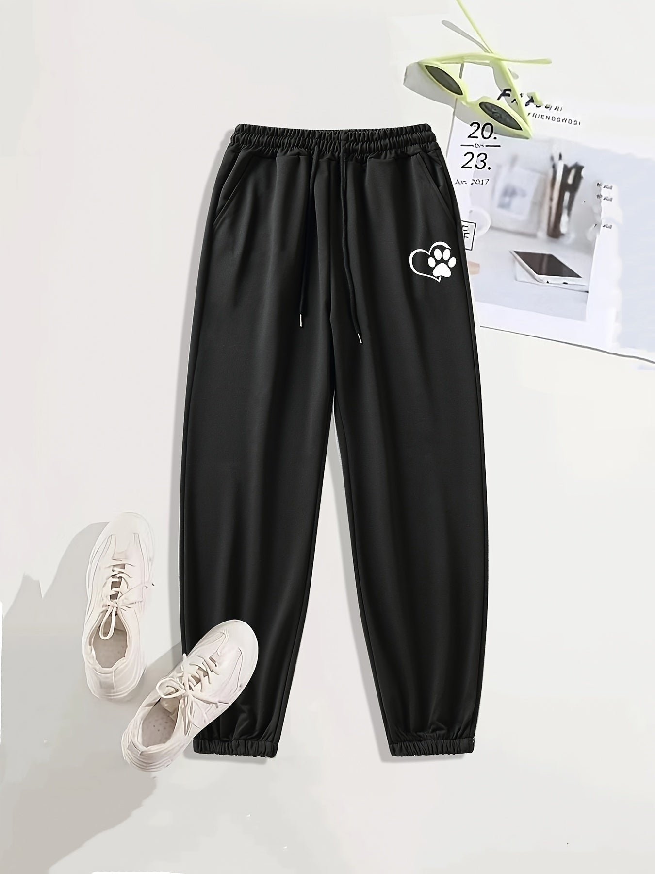 Heart Print Casual Sports Pants Solid Drawstring Couple Jogging Pants