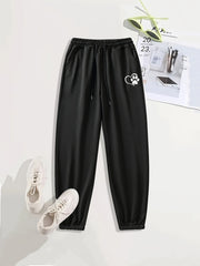 Heart Print Casual Sports Pants Solid Drawstring Couple Jogging Pants