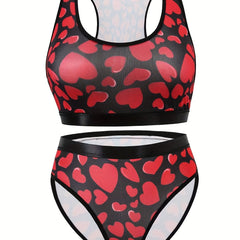 Heart Print Racer Back Tank Bra & Panty Lingerie Set
