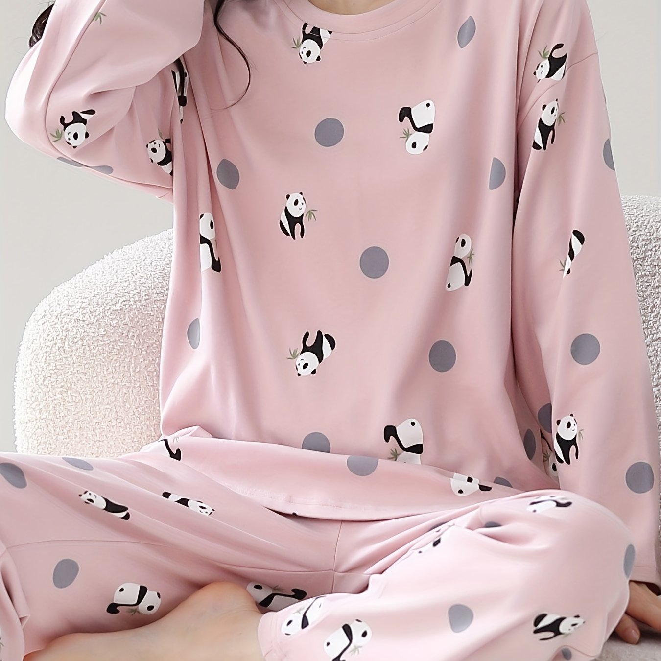 Panda Print Pajama Set Long Sleeve Top & Lounge Pants Women's Sleepwear