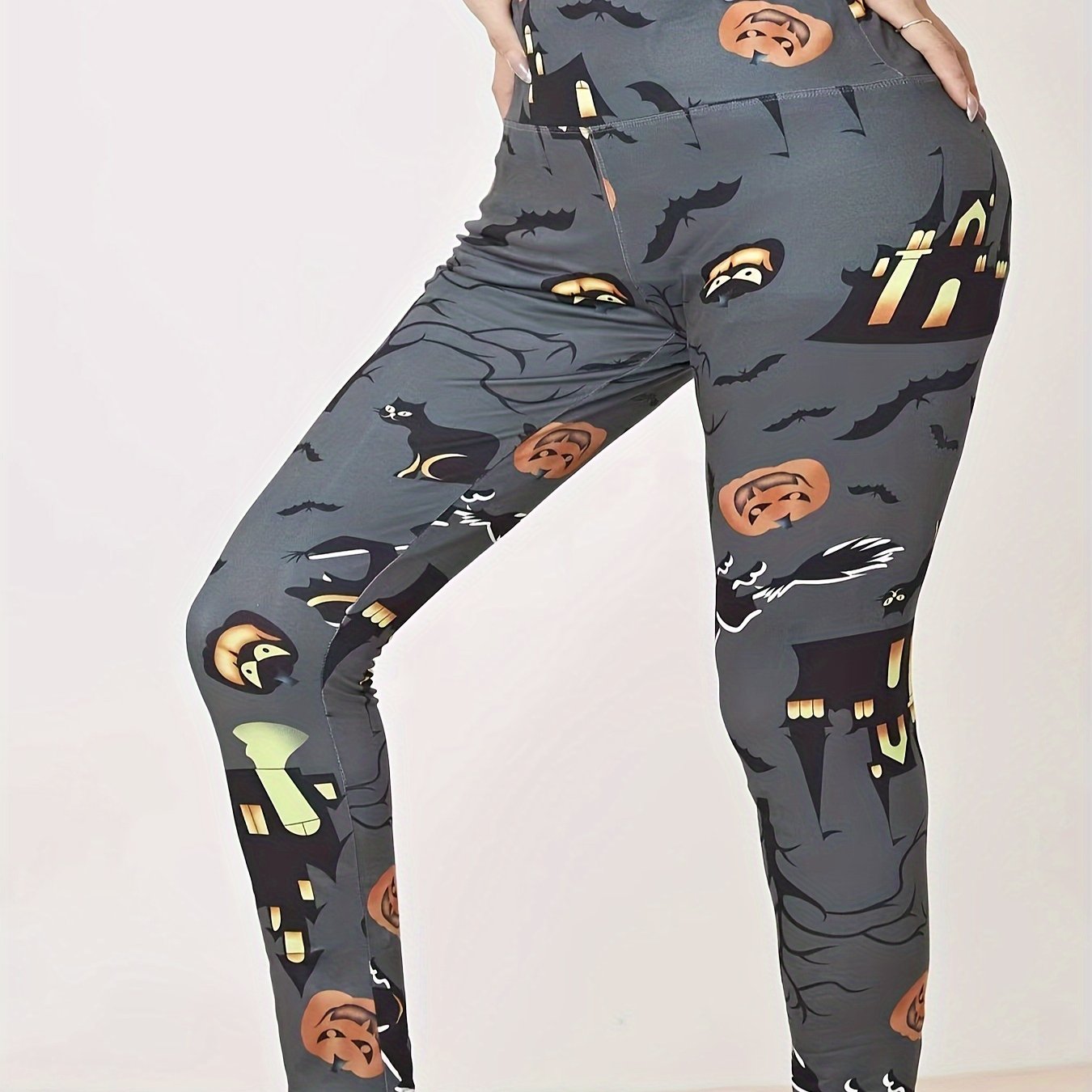 Halloween Sports Leggings Skull & Letter Print High Rise High Stretch