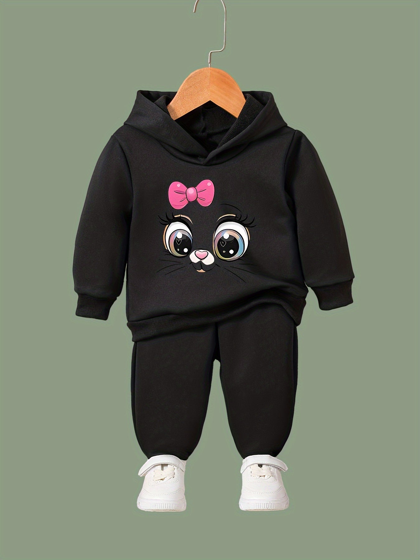 Girls Cartoon Cat Pattern Long Sleeve Hooded Sweatshirt Sporty Pullover