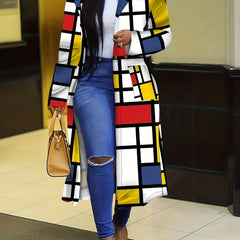 Patchwork Print Double Breasted Overcoat Long Coat Fall Winter Women's Clothing