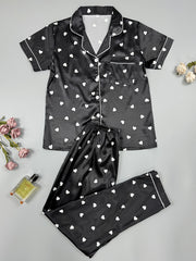 Heart Print Satin Pajama Set Long Sleeve Button Up Top & Elastic Waistband Pants