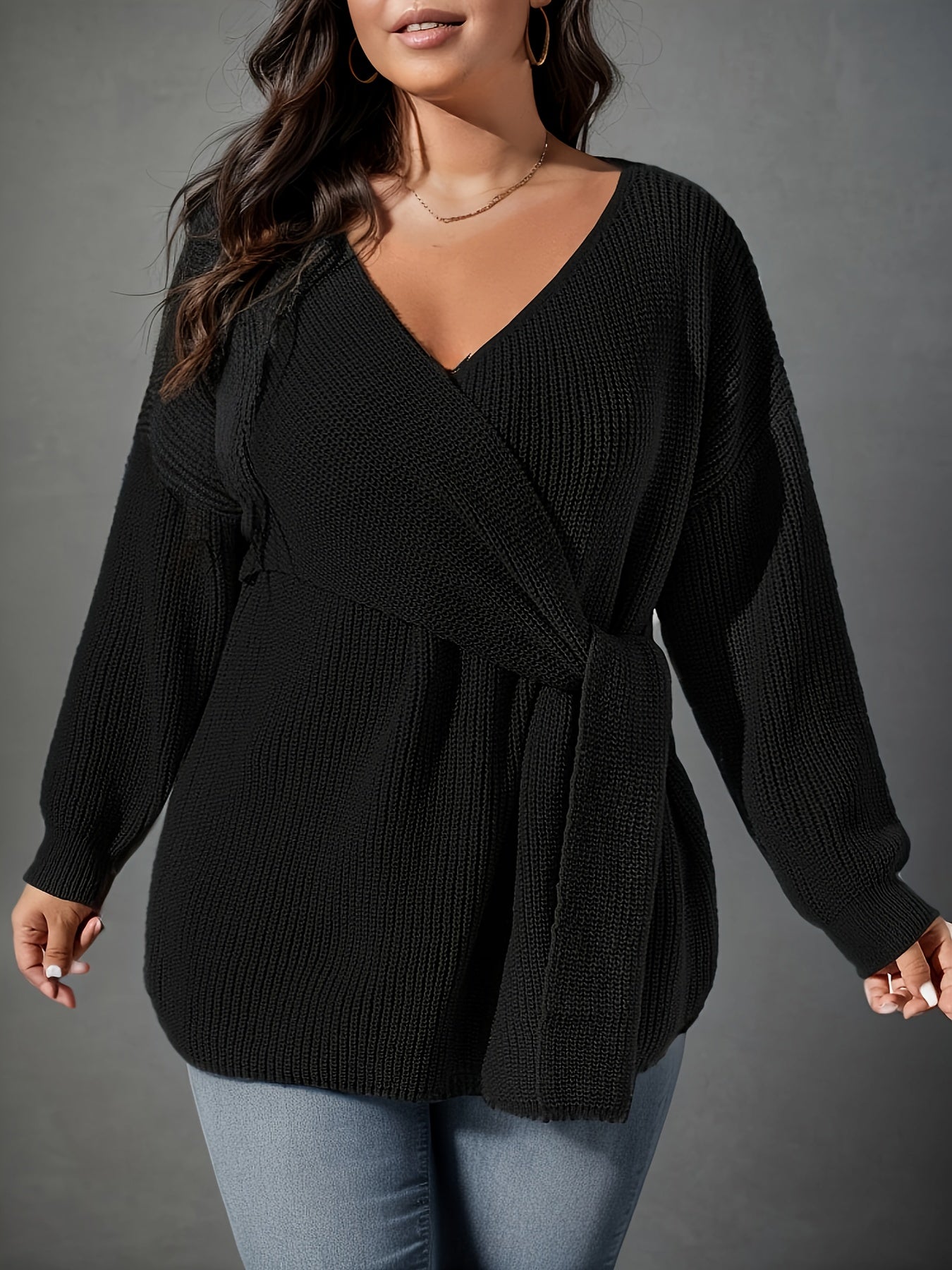 Casual Sweater Women's Solid Long Sleeve Wrap Jumper