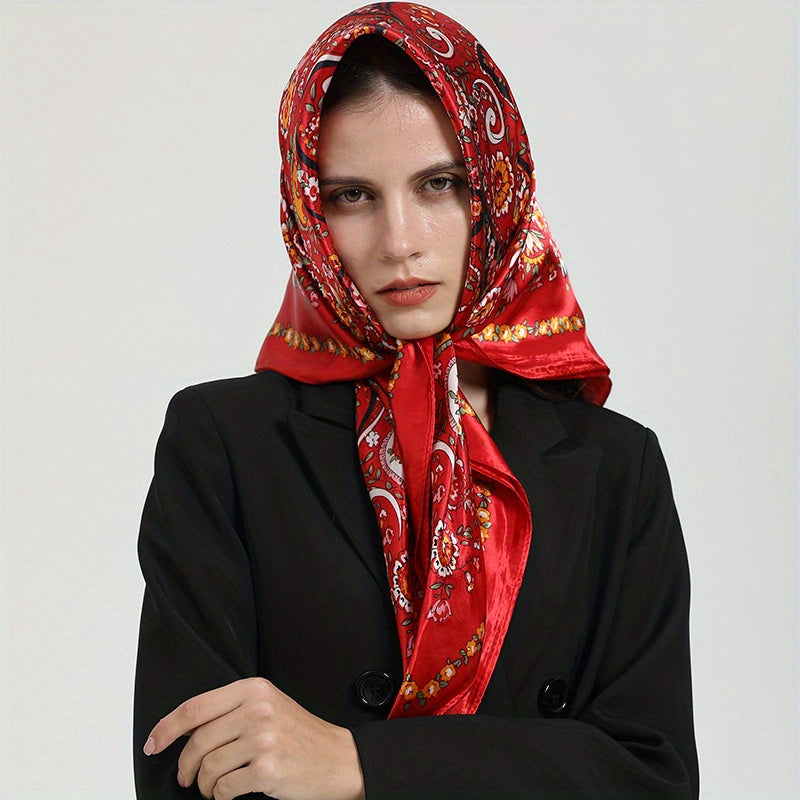 Flower Printed Square Scarf Silk Feeling Satin Scarf Bandana
