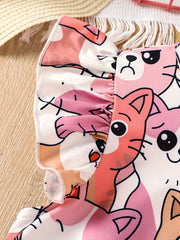 Girl's Kittens Print Casual Dress With Ruffled Sleeve A-line Swing Dress