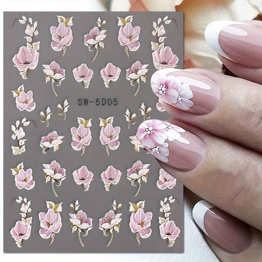 5D Embossed Camellia Nail Art Stickers - Spring Summer Flower Decoration