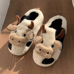Funny Cartoon Cow Slippers Plush Lined Platform Slides