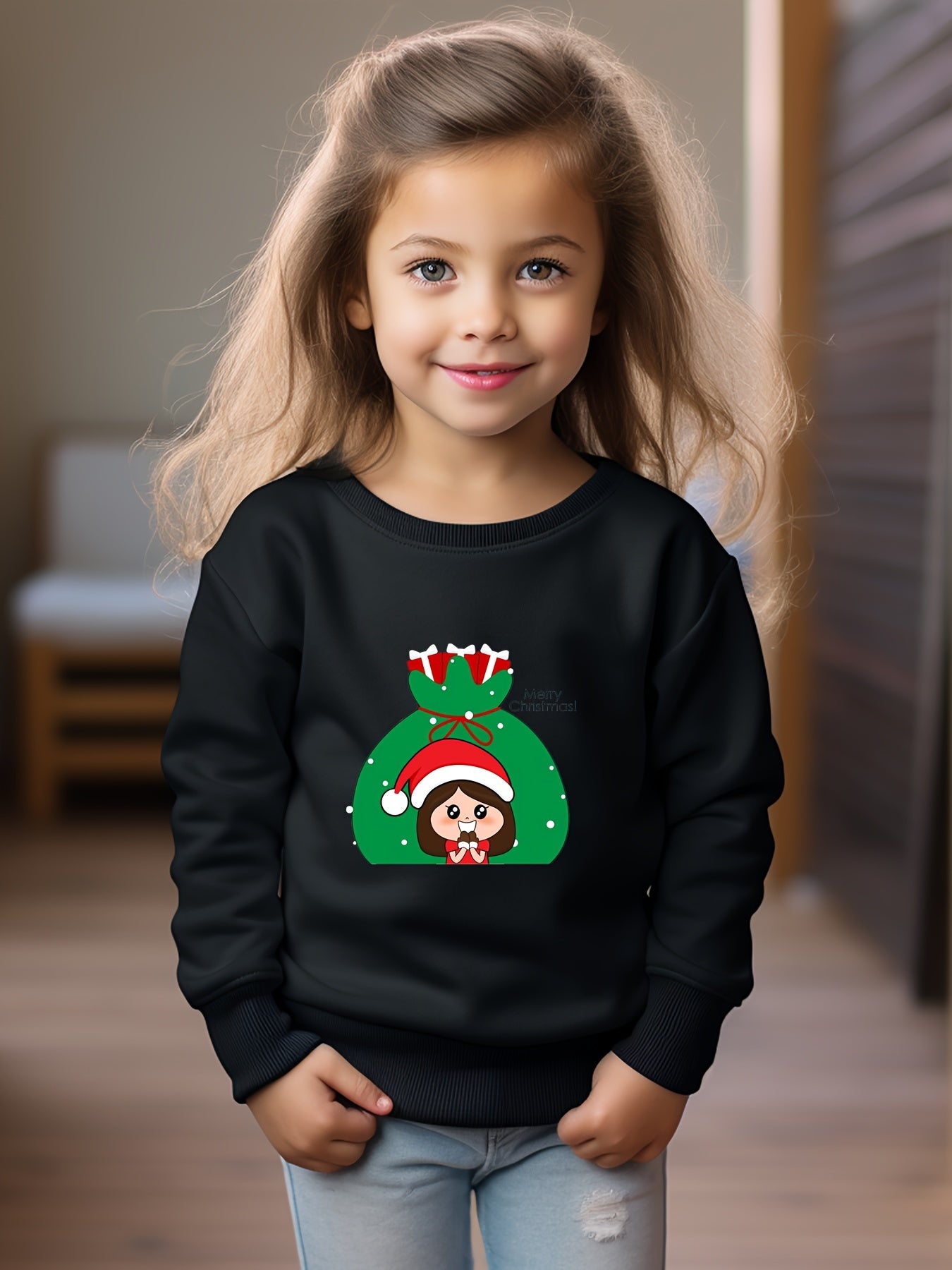 Merry Christmas Print Graphic Crew Neck Long Sleeve Sweatshirt