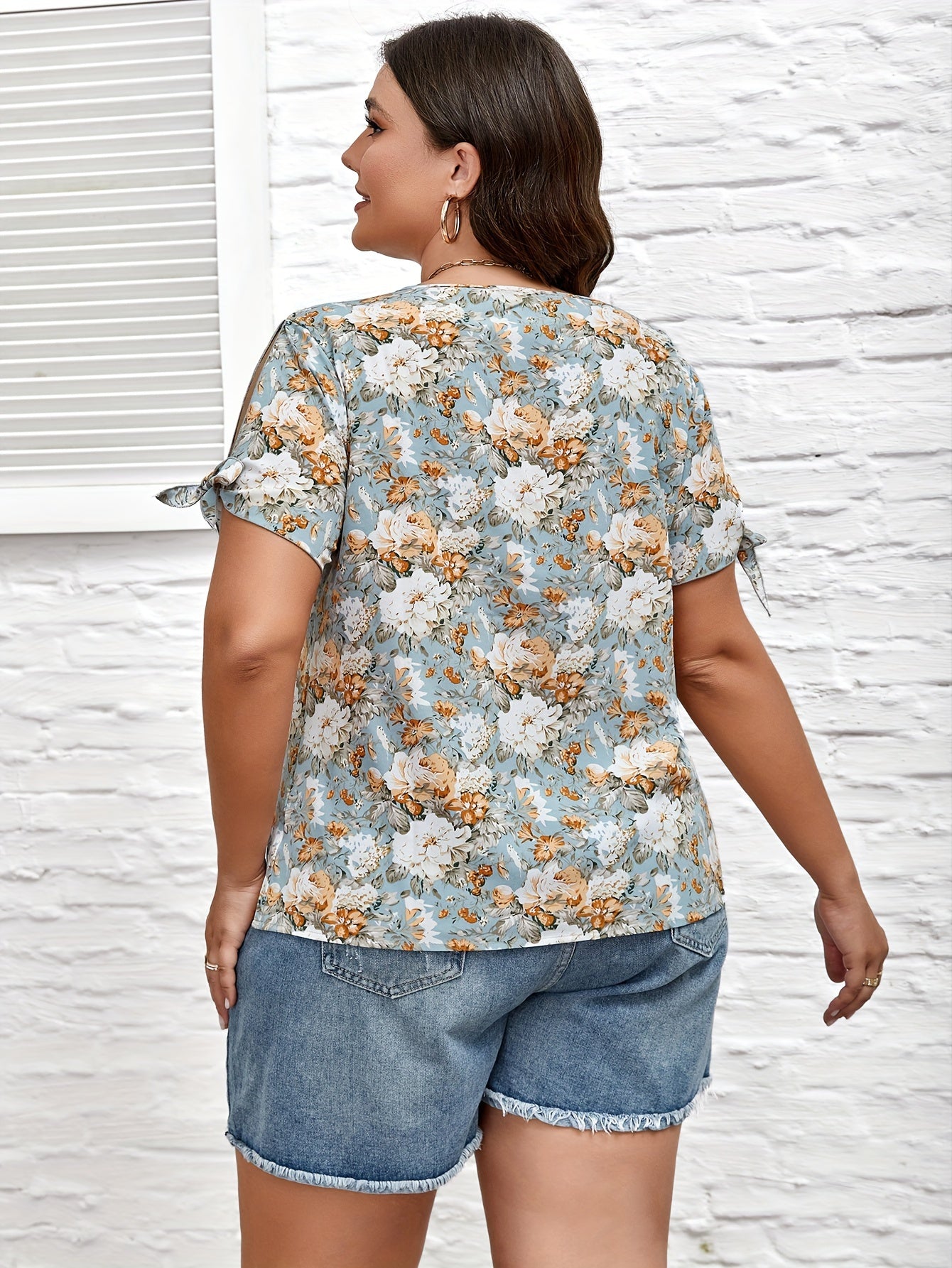 Casual Blouse Women's Plus Floral Print Bow Knot Top