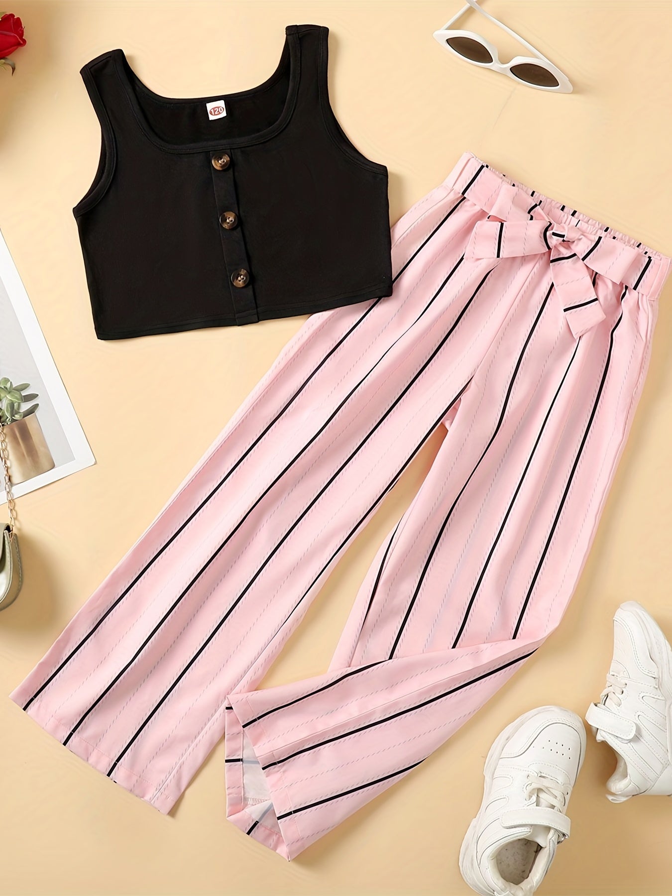 2pcs Toddler Girls Button Front Tank Tops & Vertical Stripes Belted Pants Set