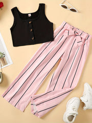 2pcs Toddler Girls Button Front Tank Tops & Vertical Stripes Belted Pants Set