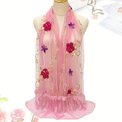 Flower Butterfly Embroidery Scarf Double Layer Lace Tassel Gauze Shawl