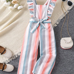 Toddler Girls Ruffle Trim Striped Overall Jumpsuits