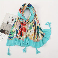 Boho Tassel Decor Scarf Geometric & Plant Print Casual Style Windproof Shawl
