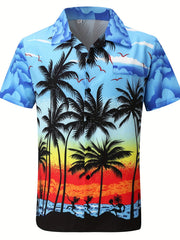 Coconut Tree Print Hawaiian Shirt Men's Casual Short Sleeve Top