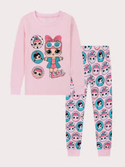 Cartoon Girl Print Kid's Pajama Set Long Sleeve Top & Pants Comfy PJ Loungewear