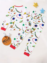 Boys Rocket Print Pajamas Set Long Sleeve Round Neck Top & Pants