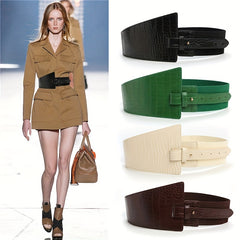 Plaid Embossed Wide Belt PU Leather Elastic Waistband for Women