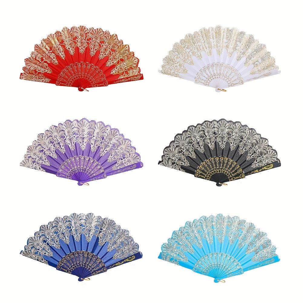 Chinese Folding Fan Lace Cloth Printing Flower Plastic Skeleton Hand Fan