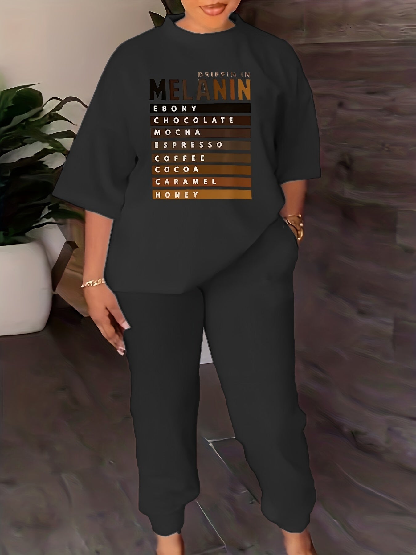 Casual Two piece Set Letter Print Crew Neck Tops & Solid Long Length Pants
