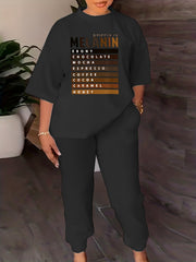 Casual Two piece Set Letter Print Crew Neck Tops & Solid Long Length Pants
