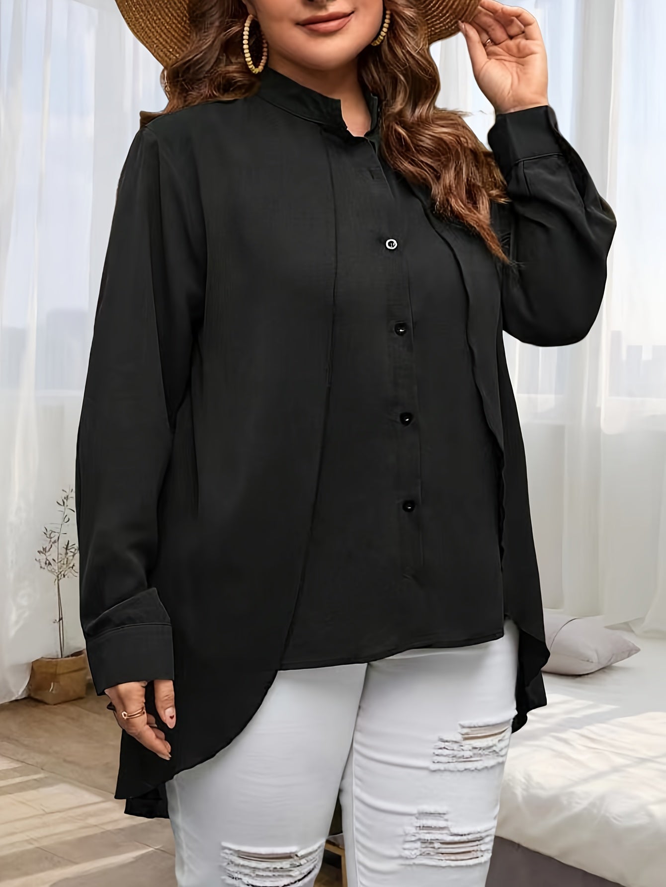 Solid Button Up Long Sleeve Blouse