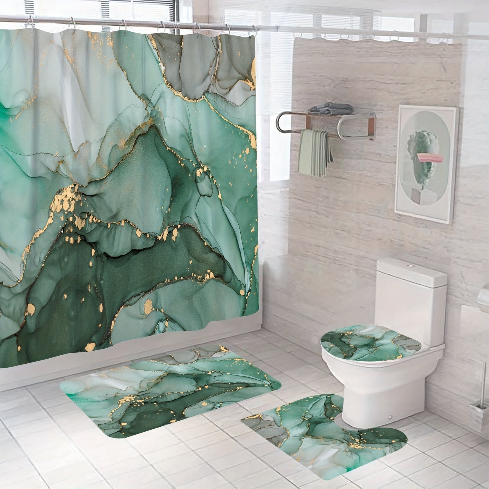 3pcs Green Marble Pattern Shower Curtain Set