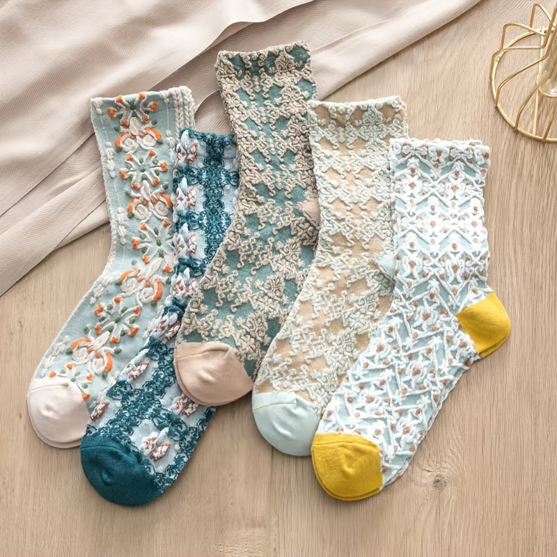 5 Pairs Floral Print Socks Comfy & Breathable Women's Mid Tube Stockings