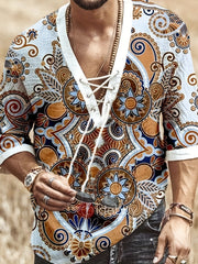 Men's Bohemian Pattern Shirt Top V Neck Lace Up Collar 3 4 Sleeves