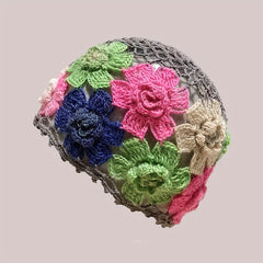 Cotton Hollow Crochet Skull Cap Knit Floral Beanie Hat