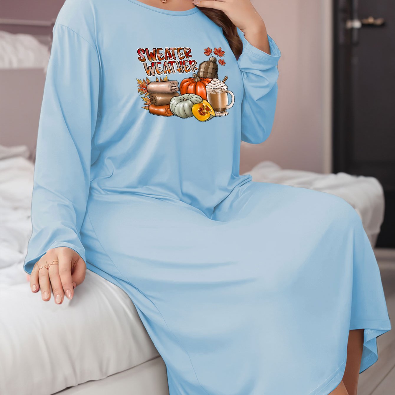 Casual Graphic Print Long Sleeve Sleep Dress