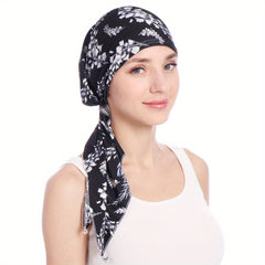 Stripe Leaf Print Bonnet Silk Head Wrap Boho Turban Soft Head Scarf