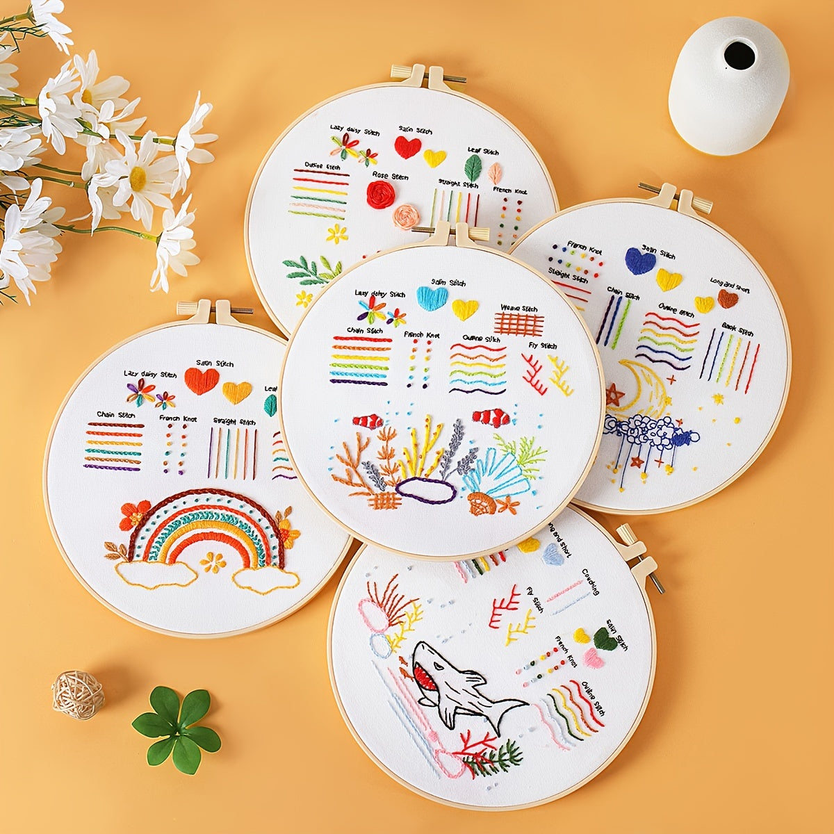 5pcs Embroidery Kit with Hoop 20 07 Cm DIY Adult Beginner Embroidery Kits