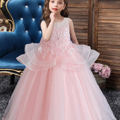 Girls Sleeveless Princess Dress Flower Embroidery Bow Decor Tulle Tutu Dress