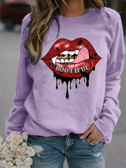Lip Print Sweatshirt Casual Long Sleeve Crew Neck Women's Clothing