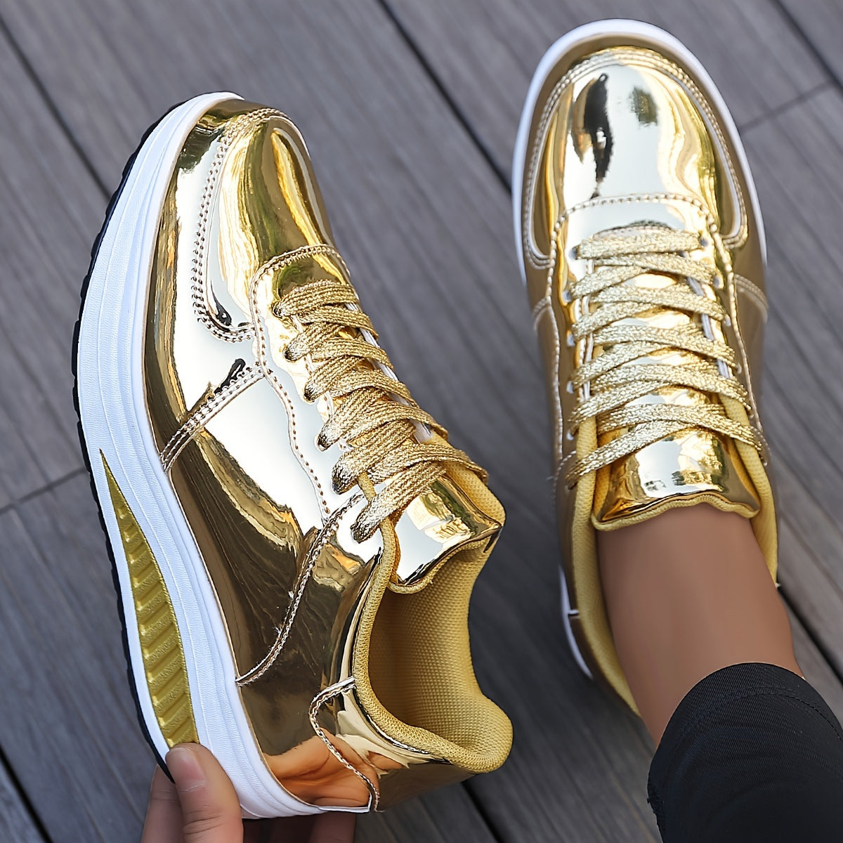 Metallic Lace-up Wedge Sneakers Low Walking Shoes
