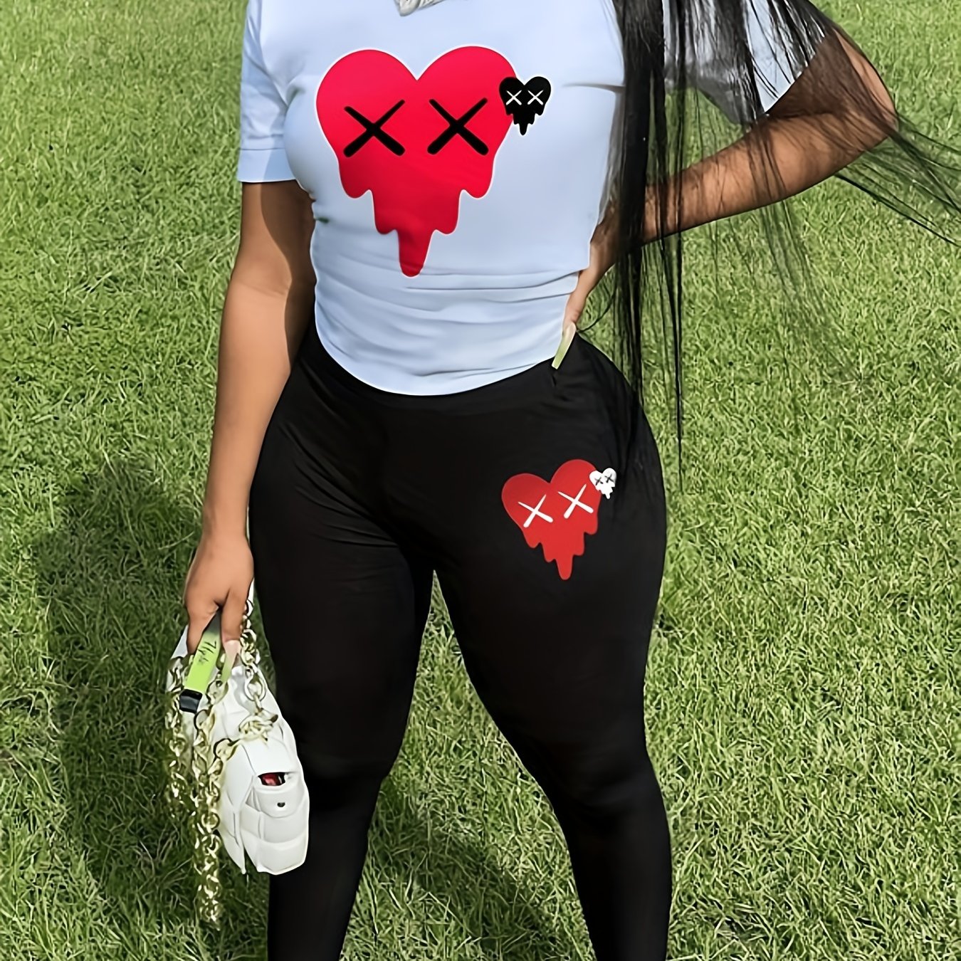 Heart Print Long Sleeve Top & Pants Two Piece Set