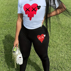 Heart Print Long Sleeve Top & Pants Two Piece Set