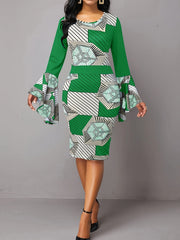 Geometric Stripe Print Bell Sleeve Midi Dress