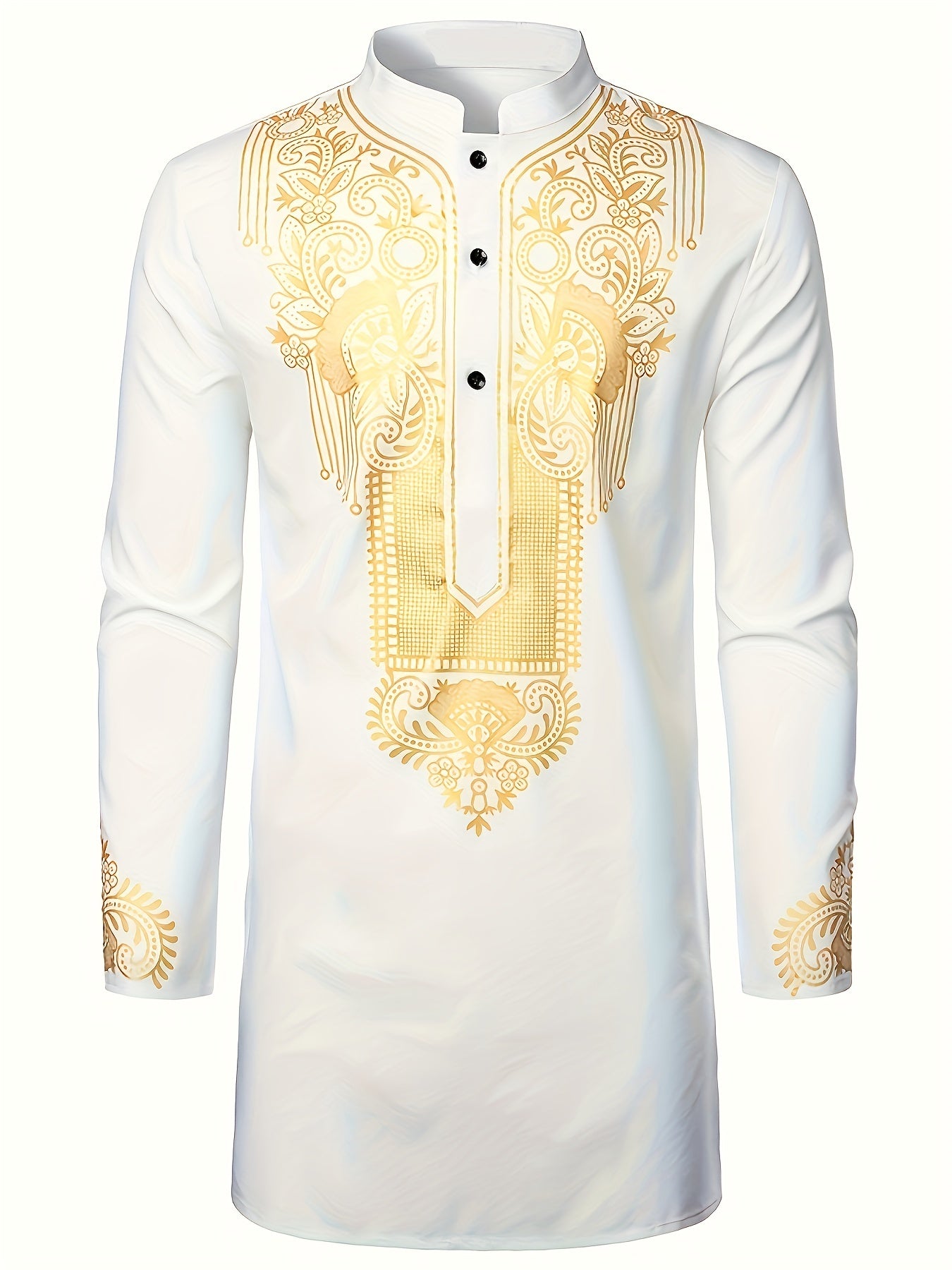 Men's Dashiki Shirt African Clothes Metallic Golden Print Long Sleeve
