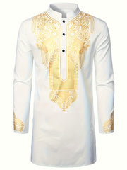 Men's Dashiki Shirt African Clothes Metallic Golden Print Long Sleeve