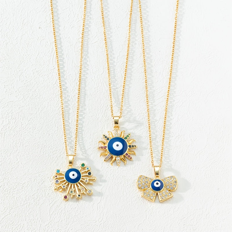 Colorful Rhinestone Eyes Pendant Necklace with Sun Heart Butterfly Starry Sky